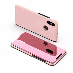 Custodia Portafoglio In Pelle Cover con Supporto Laterale Specchio Cover L02 per Xiaomi Mi Max 3 Oro Rosa