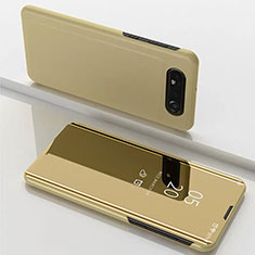 Custodia Portafoglio In Pelle Cover con Supporto Laterale Specchio Cover M01 per Samsung Galaxy A80 Oro