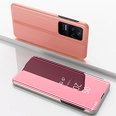 Custodia Portafoglio In Pelle Cover con Supporto Laterale Specchio Cover per Xiaomi Poco F4 5G Oro Rosa