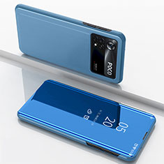 Custodia Portafoglio In Pelle Cover con Supporto Laterale Specchio Cover per Xiaomi Poco M4 Pro 4G Blu