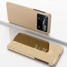 Custodia Portafoglio In Pelle Cover con Supporto Laterale Specchio Cover per Xiaomi Poco M4 Pro 4G Oro