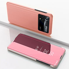 Custodia Portafoglio In Pelle Cover con Supporto Laterale Specchio Cover per Xiaomi Poco M4 Pro 4G Oro Rosa