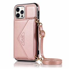 Custodia Portafoglio In Pelle Cover con Supporto N03 per Apple iPhone 12 Pro Max Oro Rosa