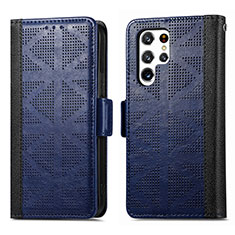 Custodia Portafoglio In Pelle Cover con Supporto S03D per Samsung Galaxy S22 Ultra 5G Blu