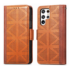 Custodia Portafoglio In Pelle Cover con Supporto S03D per Samsung Galaxy S22 Ultra 5G Marrone