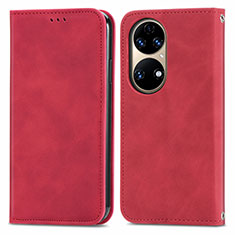 Custodia Portafoglio In Pelle Cover con Supporto S04D per Huawei P50 Pro Rosso