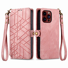 Custodia Portafoglio In Pelle Cover con Supporto S05D per Apple iPhone 13 Pro Oro Rosa