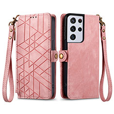 Custodia Portafoglio In Pelle Cover con Supporto S17D per Samsung Galaxy S22 Ultra 5G Rosa