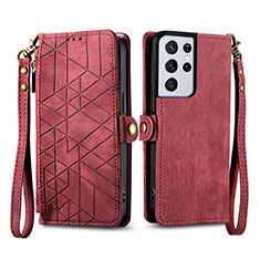 Custodia Portafoglio In Pelle Cover con Supporto S17D per Samsung Galaxy S22 Ultra 5G Rosso