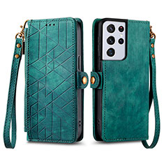 Custodia Portafoglio In Pelle Cover con Supporto S17D per Samsung Galaxy S22 Ultra 5G Verde