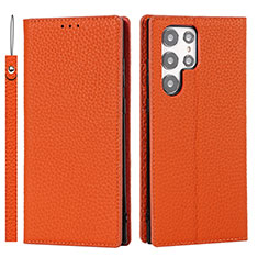 Custodia Portafoglio In Pelle Cover con Supporto T02D per Samsung Galaxy S23 Ultra 5G Arancione