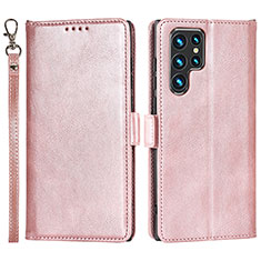 Custodia Portafoglio In Pelle Cover con Supporto T05D per Samsung Galaxy S22 Ultra 5G Rosa