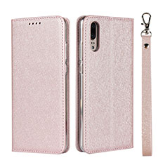 Custodia Portafoglio In Pelle Cover con Supporto T07 per Huawei P20 Oro Rosa
