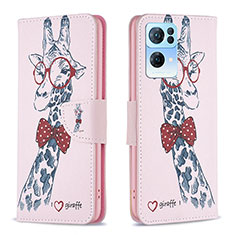 Custodia Portafoglio In Pelle Fantasia Modello Cover con Supporto B01F per Oppo Reno7 Pro 5G Rosa