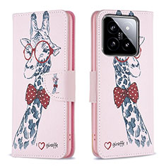 Custodia Portafoglio In Pelle Fantasia Modello Cover con Supporto B01F per Xiaomi Mi 14 5G Rosa