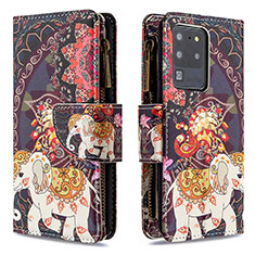 Custodia Portafoglio In Pelle Fantasia Modello Cover con Supporto B04F per Samsung Galaxy S20 Ultra Marrone