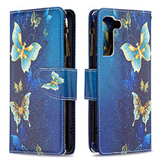 Custodia Portafoglio In Pelle Fantasia Modello Cover con Supporto B04F per Samsung Galaxy S21 FE 5G Blu