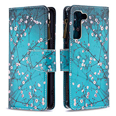 Custodia Portafoglio In Pelle Fantasia Modello Cover con Supporto B04F per Samsung Galaxy S22 5G Ciano