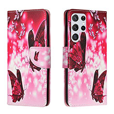 Custodia Portafoglio In Pelle Fantasia Modello Cover con Supporto H02X per Samsung Galaxy S22 Ultra 5G Rosa Caldo
