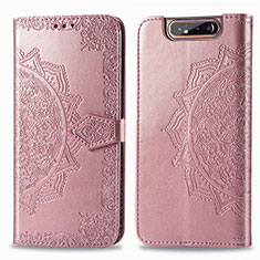 Custodia Portafoglio In Pelle Fantasia Modello Cover con Supporto per Samsung Galaxy A80 Oro Rosa