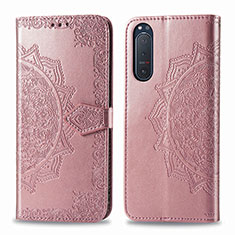 Custodia Portafoglio In Pelle Fantasia Modello Cover con Supporto per Sony Xperia 5 II Oro Rosa