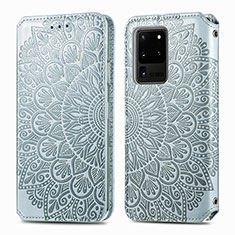 Custodia Portafoglio In Pelle Fantasia Modello Cover con Supporto S01D per Samsung Galaxy S20 Ultra Argento