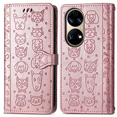Custodia Portafoglio In Pelle Fantasia Modello Cover con Supporto S03D per Huawei P50 Pro Oro Rosa