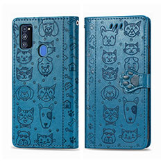 Custodia Portafoglio In Pelle Fantasia Modello Cover con Supporto S03D per Samsung Galaxy M21 Blu