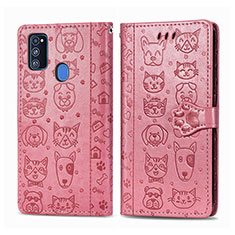Custodia Portafoglio In Pelle Fantasia Modello Cover con Supporto S03D per Samsung Galaxy M21 Oro Rosa