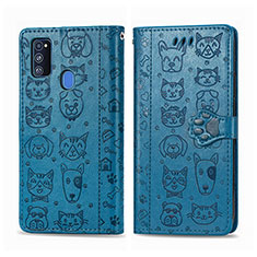 Custodia Portafoglio In Pelle Fantasia Modello Cover con Supporto S03D per Samsung Galaxy M30s Blu