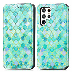 Custodia Portafoglio In Pelle Fantasia Modello Cover con Supporto S03D per Samsung Galaxy S22 Ultra 5G Verde