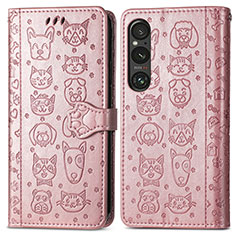Custodia Portafoglio In Pelle Fantasia Modello Cover con Supporto S03D per Sony Xperia 1 V Oro Rosa