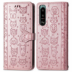 Custodia Portafoglio In Pelle Fantasia Modello Cover con Supporto S03D per Sony Xperia 5 III Oro Rosa
