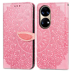 Custodia Portafoglio In Pelle Fantasia Modello Cover con Supporto S04D per Huawei P50 Pro Oro Rosa