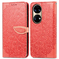 Custodia Portafoglio In Pelle Fantasia Modello Cover con Supporto S04D per Huawei P50 Pro Rosso