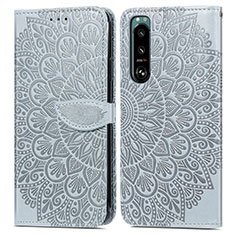 Custodia Portafoglio In Pelle Fantasia Modello Cover con Supporto S04D per Sony Xperia 5 III Grigio