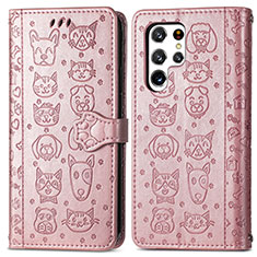 Custodia Portafoglio In Pelle Fantasia Modello Cover con Supporto S05D per Samsung Galaxy S22 Ultra 5G Rosa