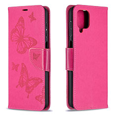Custodia Portafoglio In Pelle Farfalla Cover con Supporto B01F per Samsung Galaxy A12 Rosa Caldo