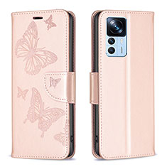 Custodia Portafoglio In Pelle Farfalla Cover con Supporto B01F per Xiaomi Mi 12T Pro 5G Oro Rosa
