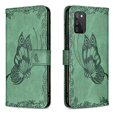 Custodia Portafoglio In Pelle Farfalla Cover con Supporto B02F per Samsung Galaxy A02s Verde