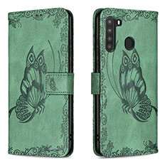Custodia Portafoglio In Pelle Farfalla Cover con Supporto B02F per Samsung Galaxy A21 Verde