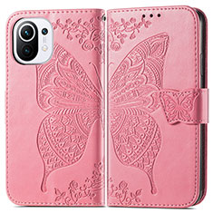 Custodia Portafoglio In Pelle Farfalla Cover con Supporto L02 per Xiaomi Mi 11 5G Rosa Caldo