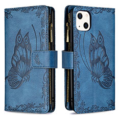 Custodia Portafoglio In Pelle Farfalla Cover con Supporto L08 per Apple iPhone 13 Blu