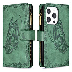 Custodia Portafoglio In Pelle Farfalla Cover con Supporto L08 per Apple iPhone 13 Pro Max Verde