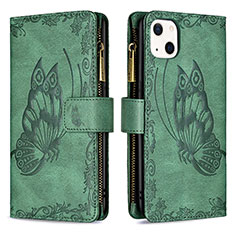 Custodia Portafoglio In Pelle Farfalla Cover con Supporto L08 per Apple iPhone 13 Verde