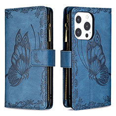 Custodia Portafoglio In Pelle Farfalla Cover con Supporto L08 per Apple iPhone 14 Pro Blu