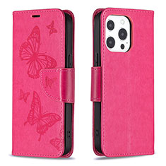 Custodia Portafoglio In Pelle Farfalla Cover con Supporto L09 per Apple iPhone 13 Pro Max Rosa Caldo