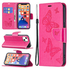 Custodia Portafoglio In Pelle Farfalla Cover con Supporto L09 per Apple iPhone 13 Rosa Caldo