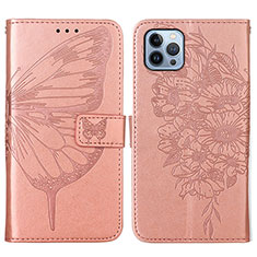 Custodia Portafoglio In Pelle Farfalla Cover con Supporto L10 per Apple iPhone 14 Pro Oro Rosa