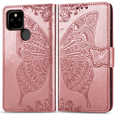 Custodia Portafoglio In Pelle Farfalla Cover con Supporto per Google Pixel 5 XL 5G Oro Rosa